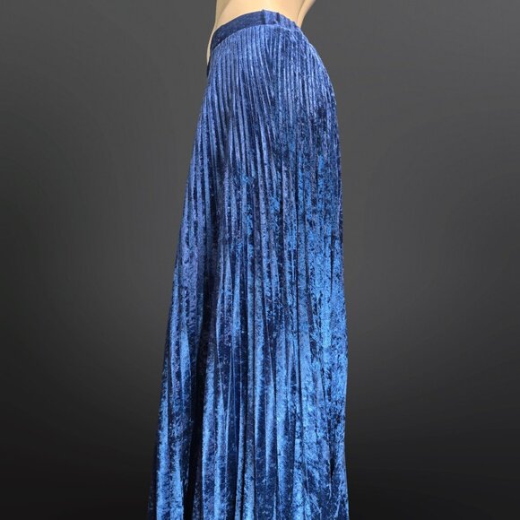 Vintage Linda Lundstrom Blue Crushed Velvet Maxi Swing Skirt Size S Pleated Boho - Picture 6 of 10